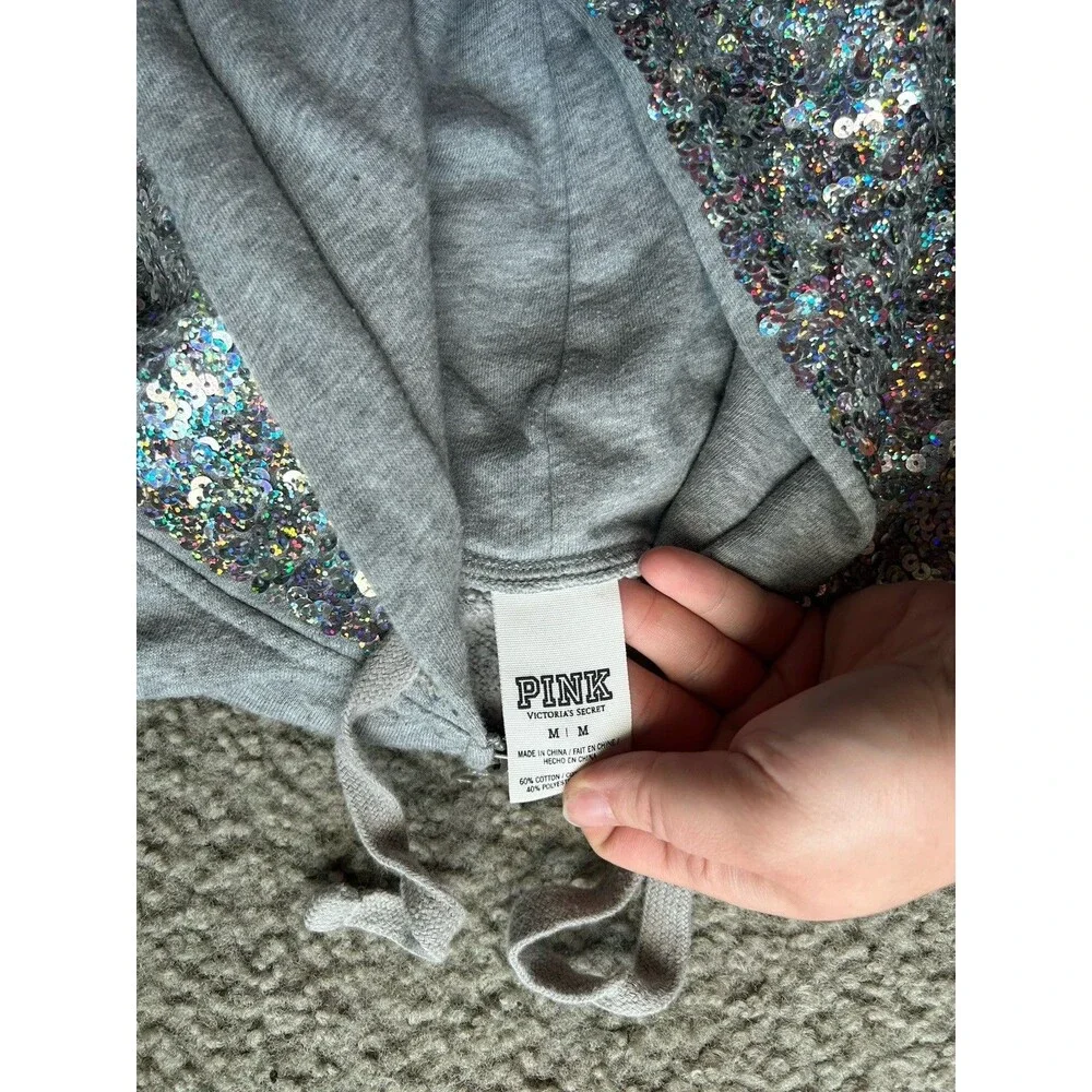 Vintage Victoria’s Secret PINK Gray Sequins Hoodie Sweater MEDIUM RARE Y2K